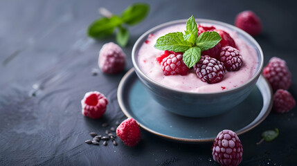 Freshness in a bowl Raspberry yogurt dessert berry cocktail mint leaf - obrazy, fototapety, plakaty