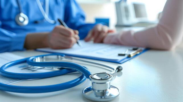 A stethoscope lays on a desk with a doctor consulting a patient in the background.