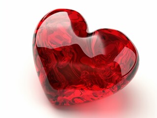 An abstract red glass heart with intricate patterns on a white background symbolizing passion and love.