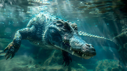 Majestic giant reptile swimming underwater sharp teeth danger in motion - obrazy, fototapety, plakaty