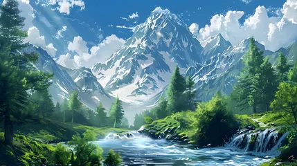 Schilderijen op glas Majestic mountain tranquil scene flowing water green forest adventure awaits © DESIRED_PIC