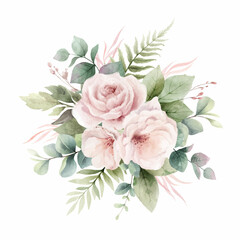Dusty pink roses flowers and eucalyptus branches. Watercolor vector floral bouquet. Foliage arrangement for wedding , greetings, wallpapers, fashion, home decoration. Hand painted illustration. - obrazy, fototapety, plakaty