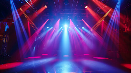 Nightclub stage illuminated with futuristic lighting equipment performing arts event