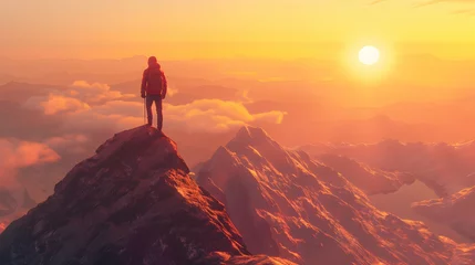 Foto op Canvas One person hiking enjoying the sunset on a mountain peak © DESIRED_PIC