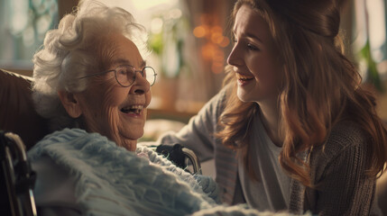 An elder woman in a wheelchair enjoys the comfort and company of a caring family member. - obrazy, fototapety, plakaty