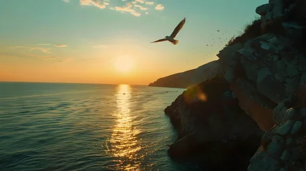 Poster Sunset on the coastline seagull flying over the blue sea © DESIRED_PIC