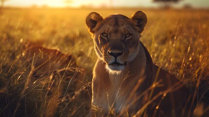 Majestic Lioness in Golden Light of Sunset Grassland