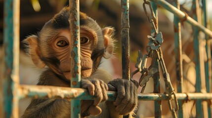 Baby Monkey Clinging to a Fence with Hopeful Eyes