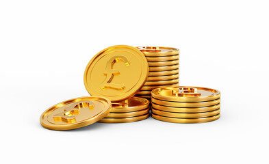 3d Stack Of Golden British Pound Coins Shiny Rounded Coins Stack On White Background 3d Illustration
