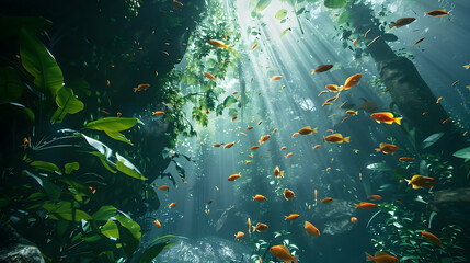 Underwater mystery fish swim in dark tropical rainforest ravine - obrazy, fototapety, plakaty