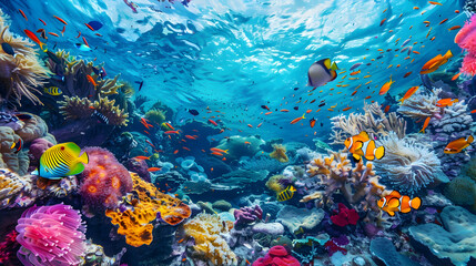 Naklejka na ściany i meble Vibrant underwater reef showcases multi colored fish in tropical paradise