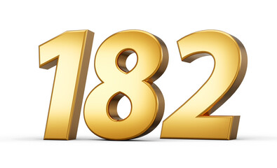 3d number 182 one hundred eighty two Gold text isolated on white background with reflection 3d illustration