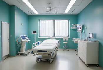 Modern recovery room with bed and comfortable medical equipment