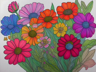 Flowers bouquet pen drawing, Oil Painting