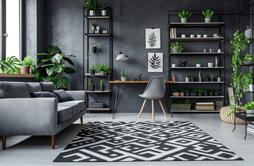 Black and white geometric rug on the floor of a modern home office with gray walls, industrial style furniture, bookshelves and plants in concrete pots