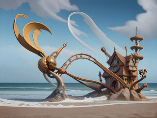 Kinetic sculpture propelled by wind on beach, Oil Painting