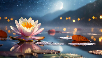 Lotus flower in water. Water lily in the pond. Magic night light