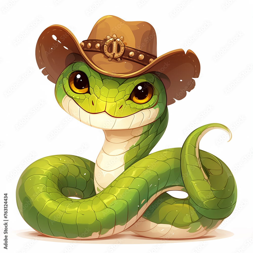 Canvas Prints A green snake wearing a cowboy hat. The snake is smiling and looking at the camera. The hat is brown and has a star on it