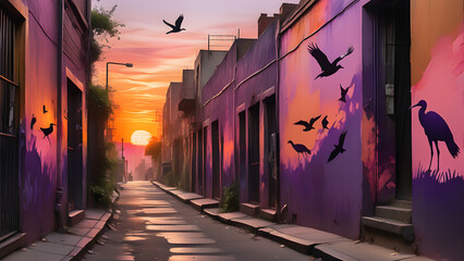 Sunset in an urban alley with colorful graffiti of birds, real birds in flight, and warm sunlight casting long shadows.
