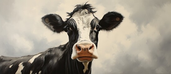 A black and white cow gazes at the camera with a content expression in front of a cloudy sky,...