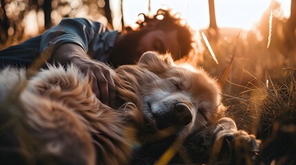 Peaceful Dog and Owner Enjoying Sunset in the Field