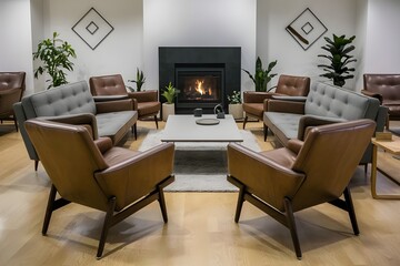 Room with fire. Brown leather seats and grey couch. Modern living space in mid-century style home.