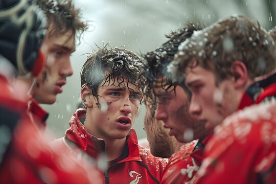 Rugby Team Strategizing in Close-Up Huddle Before Professional Match. Concept Sports, Rugby, Team, Strategy, Professional Match - Powered by Adobe