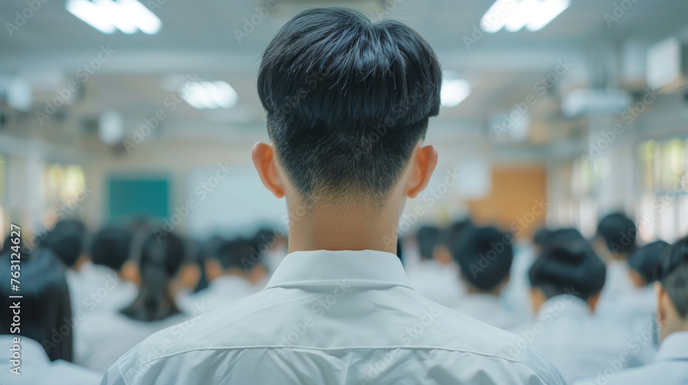 Poster a teacher's back view with rows of students in uniforms facing a blackboard.