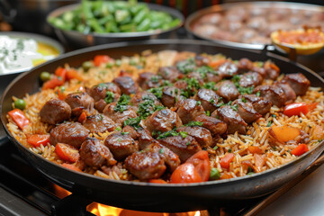 Asian fried rice and meat dish.