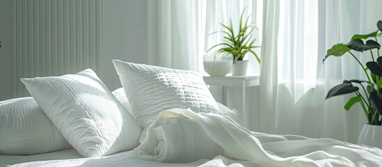 A cozy bed with white sheets and pillows in a bedroom next to a window, complemented by a grey houseplant on a table for added comfort and style