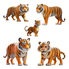 3d rendered illustration of a tiger cartoon character set isolated on white background. Generative AI