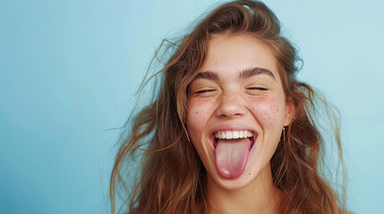 Beautiful girl showing tongue and winking on pastel blue background - obrazy, fototapety, plakaty