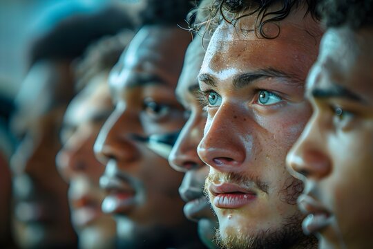 Closeup of rugby team in huddle strategizing for professional match. Concept Sports Photography, Team Strategy, Rugby Tactics, Professional Athletes, Team huddle - Powered by Adobe