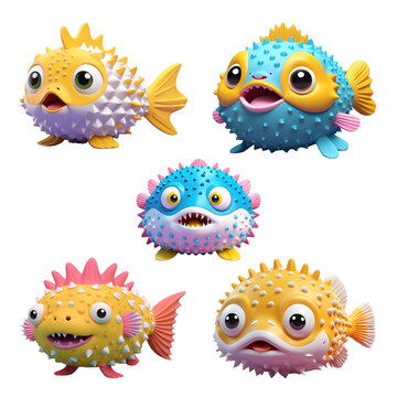 3d rendered illustration of a puffer fish set isolated on white background. Generative AI