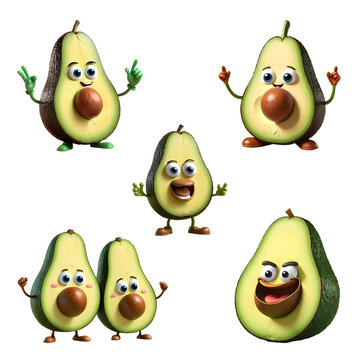 3d rendered illustration of avocado cartoon character set with arms and legs waving. Generative AI