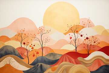 Abstract painting of autumn hills at sunset in magical watercolor landscape style