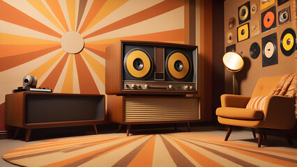 Retro living room with vintage radio, armchair, and vinyl records on wall, 70s style interior design.
