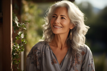 Naklejka premium Happy beautiful gorgeous 50s mid age beautiful elderly senior model woman, in the garden.