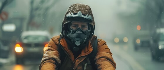 A man wearing a gas mask and a brown jacket is riding a motorcycle in the rain