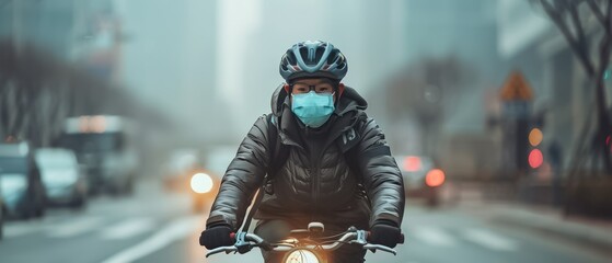 A man wearing a mask rides a bike down a street