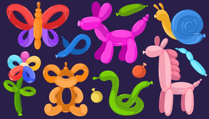 Fototapeta premium Balloon pets set. Cartoon helium animal characters, colorful bubble animals. Toys for kids festival, birthday party. Entertainment equipment, butterfly, flower, pets. Vector hand draw illustration 