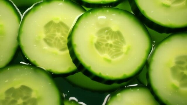 An overhead shot of cucumber slices arranged in a circular pattern showcases their cool and refreshing nature. Each slice mirrors the next, forming a captivating spiral that entices viewers