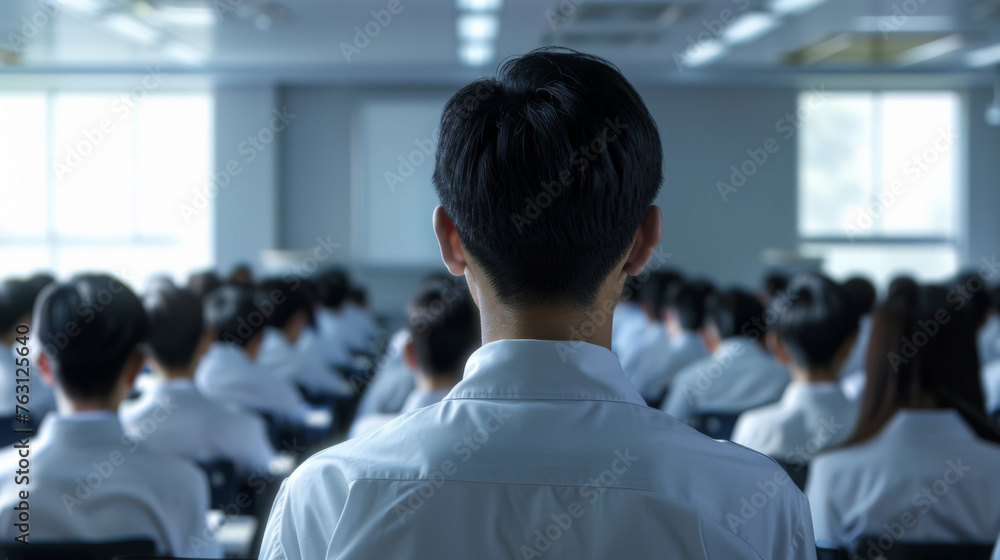 Poster a teacher's back view with rows of students in uniforms facing a blackboard.