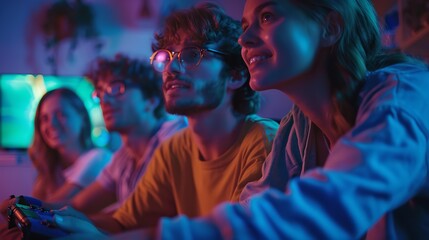 A group of pals enjoying themselves while playing video games at home. friends idea. Generative Ai
