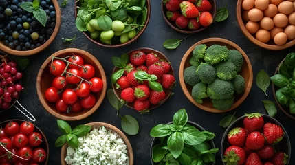 Fotobehang top view fresh and healthy superfoods ingredients, tasty beautiful food preparation scene, salad bar, broccoli, bean, tomato, cherry, strawberry, cheese,  Generative Ai © QuietWord