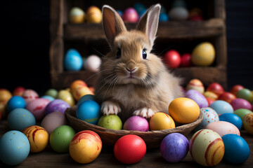 Fototapeta na wymiar Happy Easter Bunny with many colorful easter eggs.