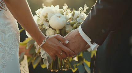 A newlywed couple holds hands showcasing wedding rings and a bracelet.