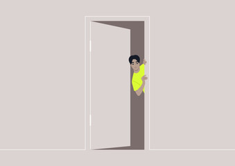 A person Peeking Through an Open Doorway, A young character peeks around a door, curiosity in their gaze