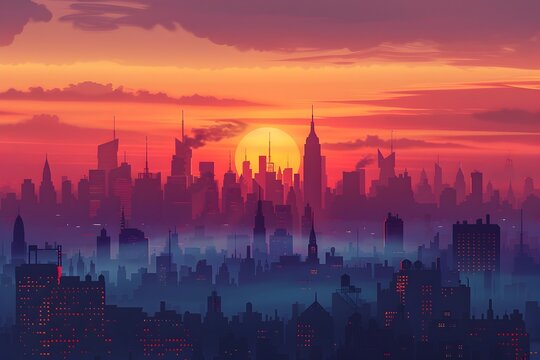 New York City Skyline at Sunset: A Cinematic of Silhouette Buildings and Foggy Horizon