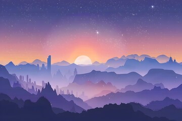 Alien Landscape with Futuristic City Silhouette at Sunset in